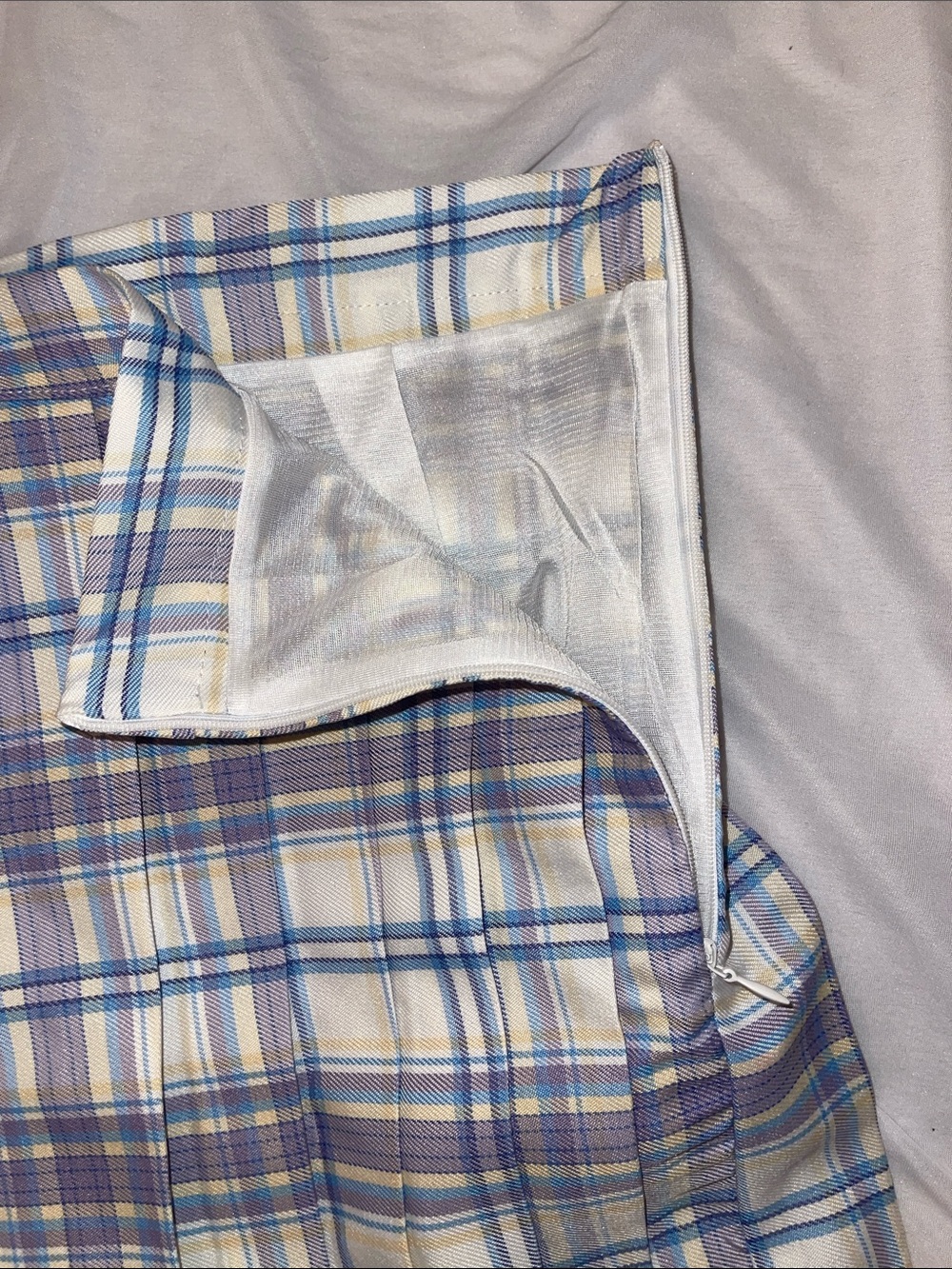 Pleated Mini Skirt in White with Purple and Blue Plaid - Picture 4 of 6
